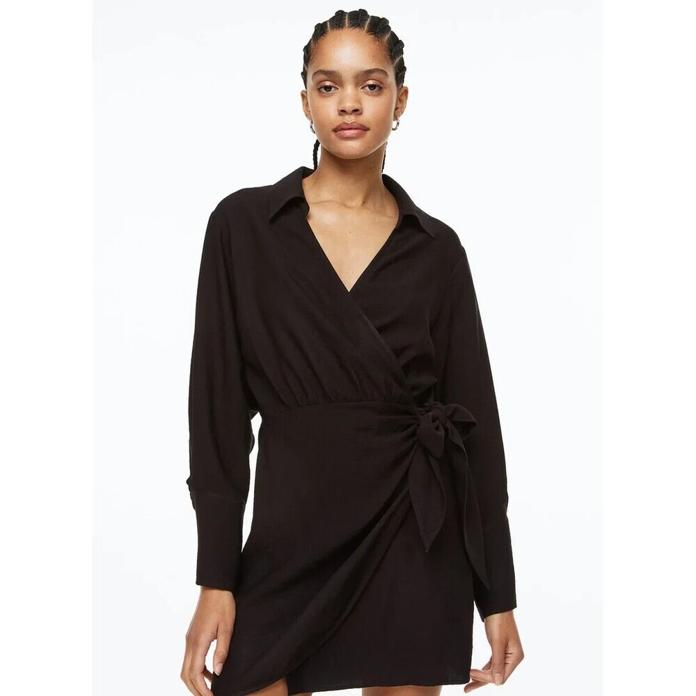 H&M Wrap Dress Mini Deep V Black Cocktail Party Date Night Size Small - Picture 2 of 13